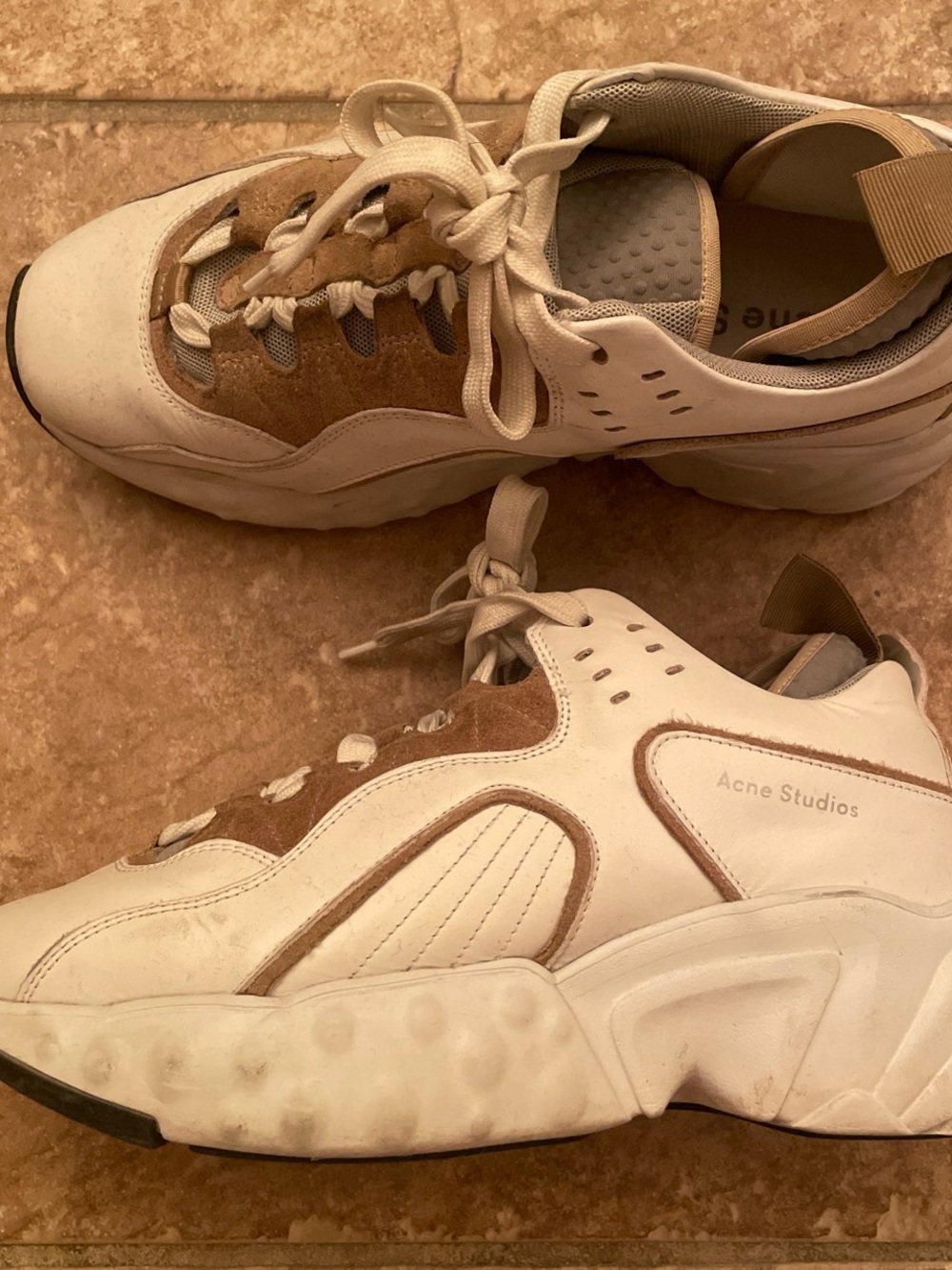 Acne Studios White and Tan Chunky Leather & Suede Sneakers